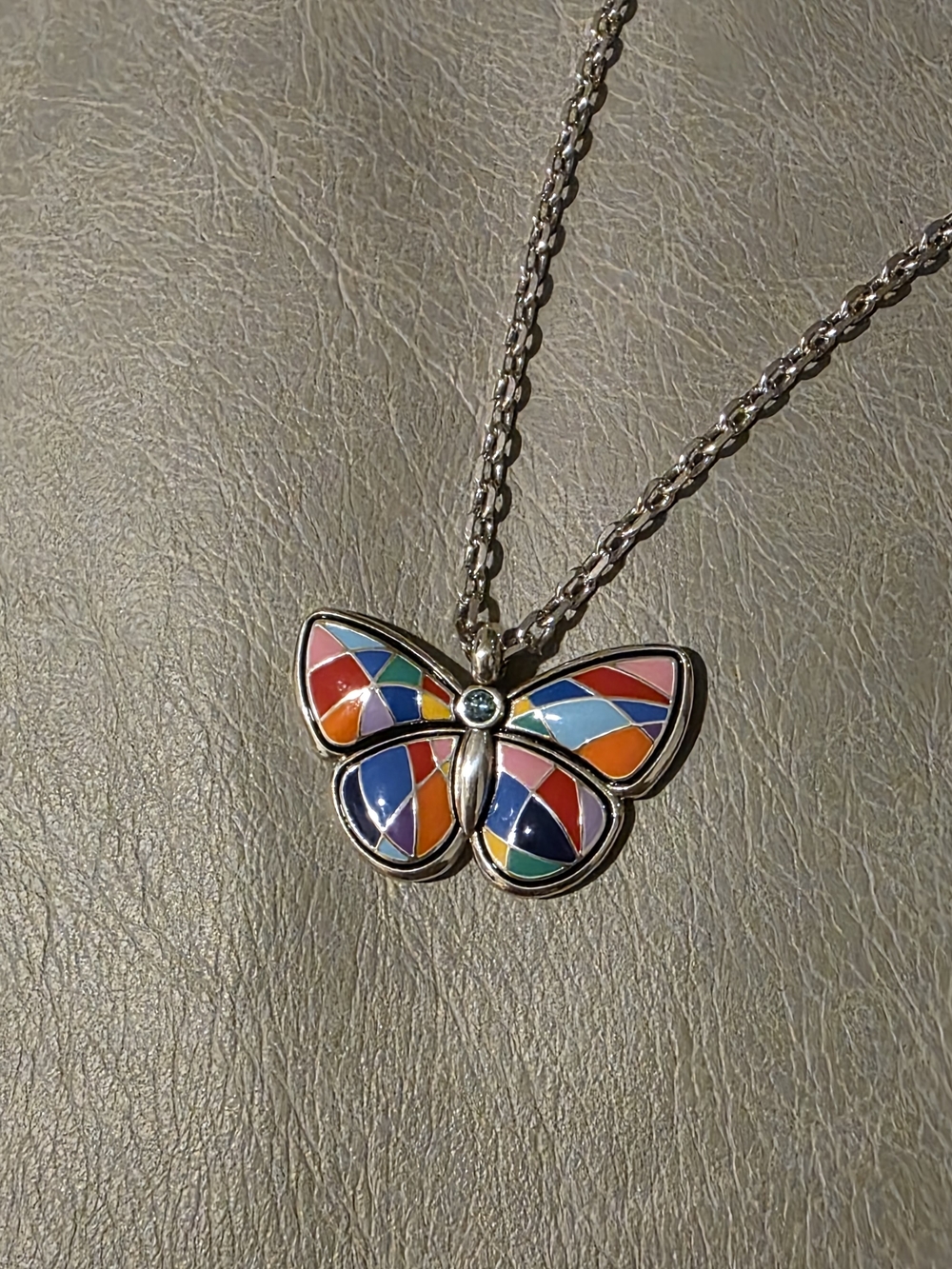 BRIGHTON JEWELRY COLORMIX COLORFUL BUTTERFLY NECKLACE, SMALL, SILVER PATCHWORK
